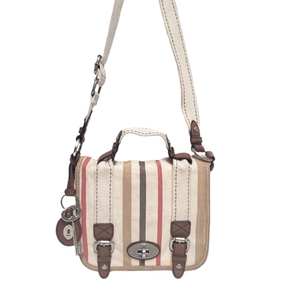 Fossil Handbags - FOSSIL Vintage Retro Style Messenger Crossbody Canvas & Leather Bag w/Key Logo